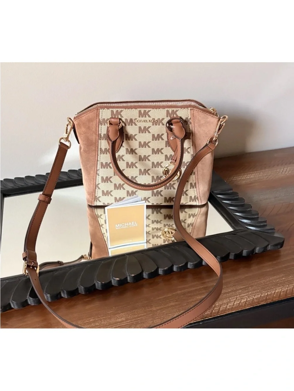 Michael Kors Tan and Brown MK Logo Satchel with Suede Panels